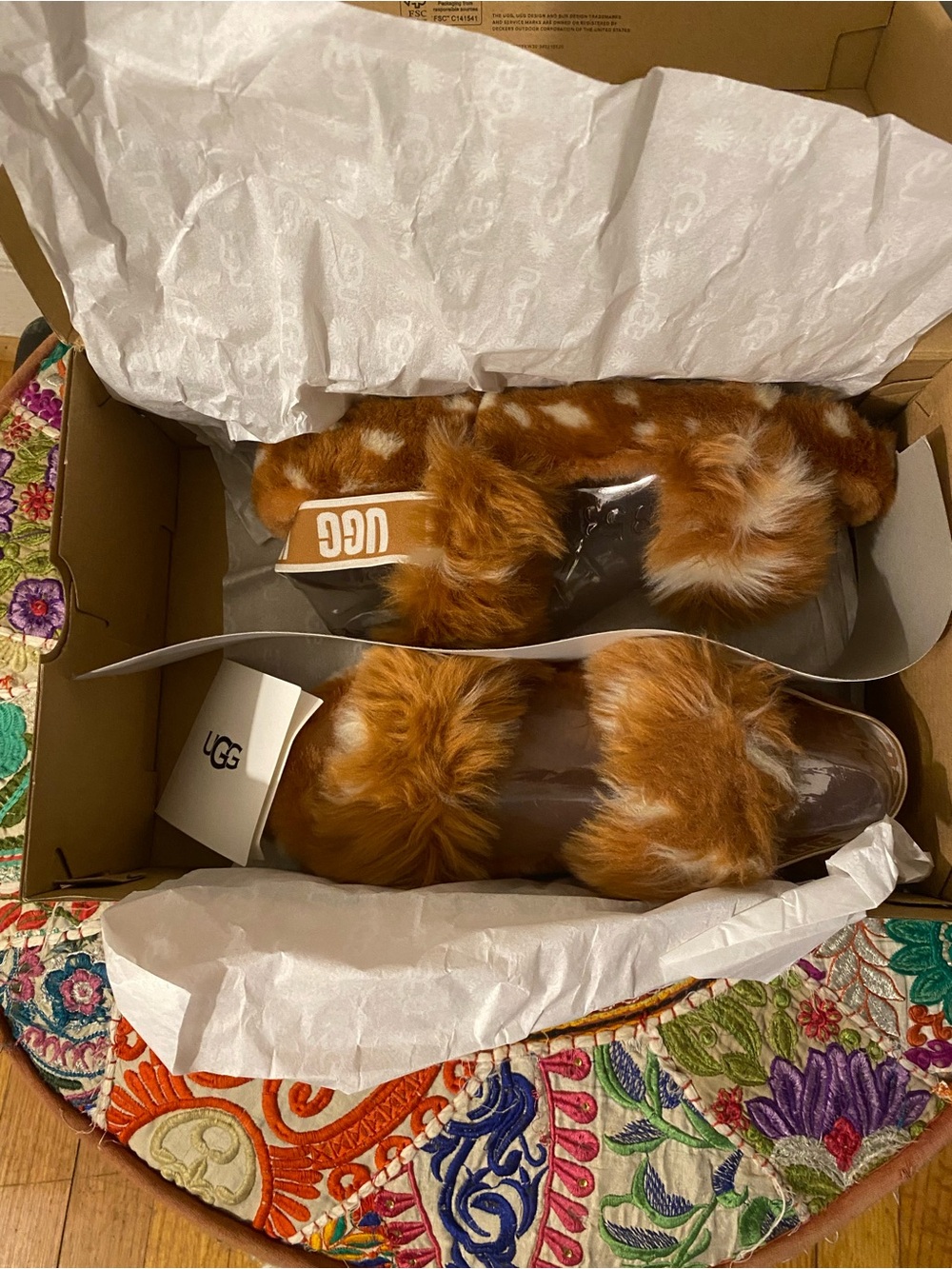 UGG Chestnut Brown and White Faux Fur Slide Sandals